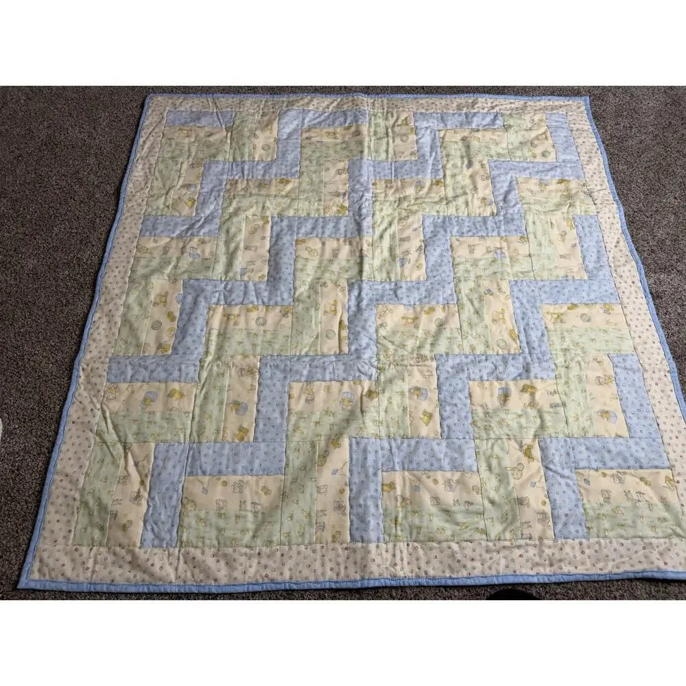 Lap Throw Quilt Handmade Baby Boy Yellow Blue Nursery Theme 40 X 40 In